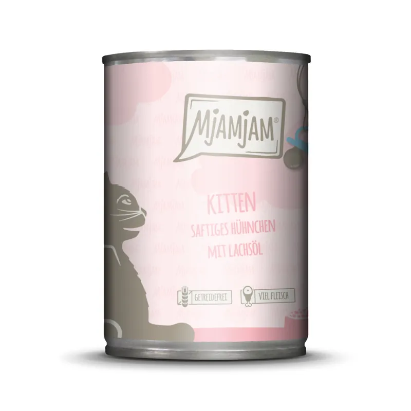 Sparpaket 24 x 400 g Mjamjam Kitten Saftiges Hühnchen mit Lachsöl Katzen Nassfutter Bestpreis